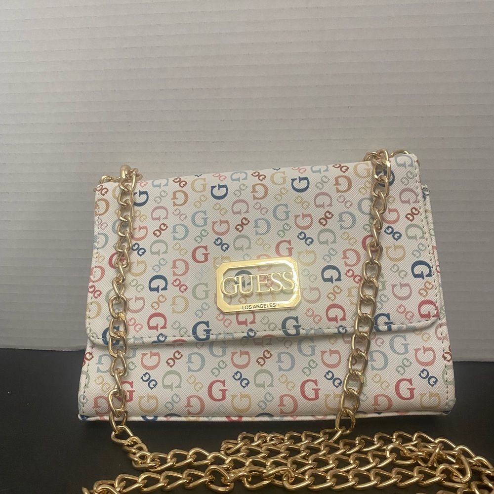 Guess White Rainbow Logo and Gold Crossbody Bag with Chain